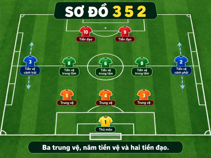Sơ đồ 3 5 2 bố trí ba trung vệ, năm tiền vệ và hai tiền đạo trên sân.